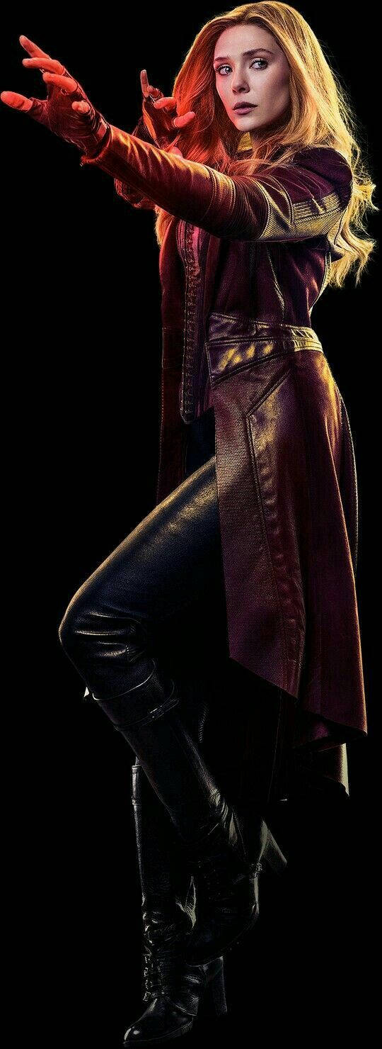 旺達·馬克希莫夫側目凝視 壁紙 — Scarlet Witch 身穿栗色皮褸和黑色靴子，在純黑背景下以發光的雙手引導神秘能量。