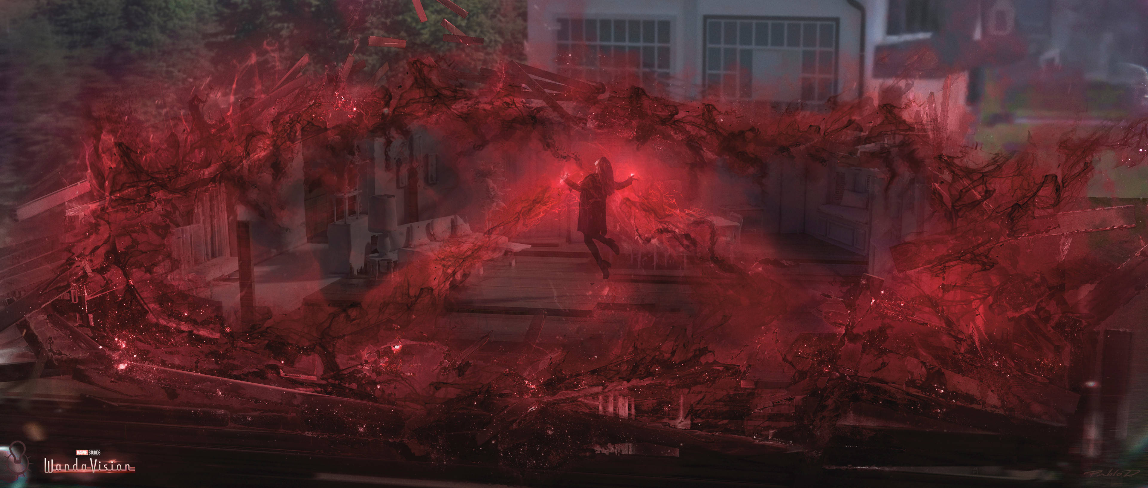旺達·馬克希莫夫力量爆發 壁紙 — 一個孤獨的身影站在郊區街道上，被旋轉的紅色能量和碎片吞沒，天空陰沉。