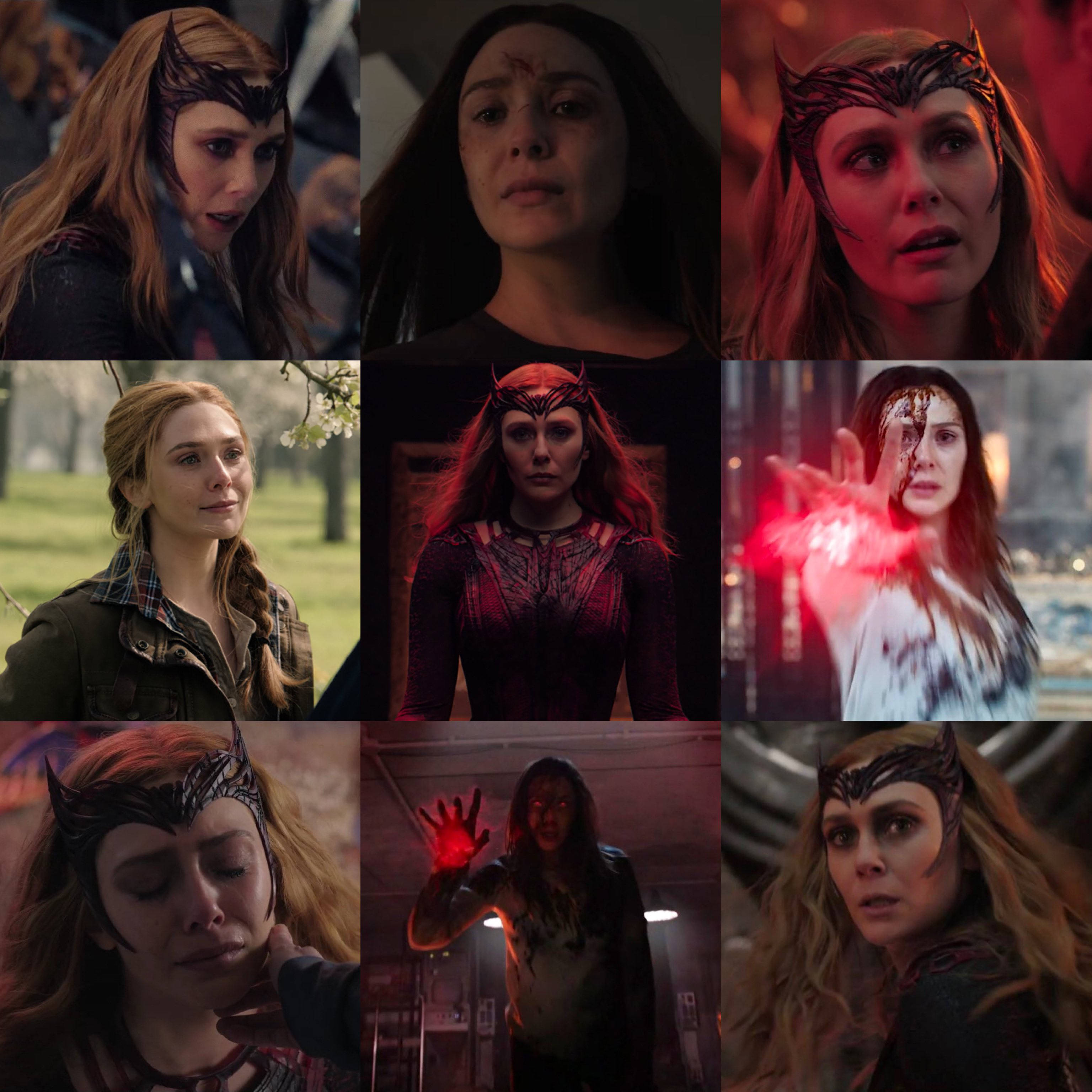 旺達·馬克希莫夫在《多元宇宙的 madness》 壁紙 — Wanda Maximoff 處於各種情緒狀態，戴著她標誌性的巫術頭飾和紅色發光力量。