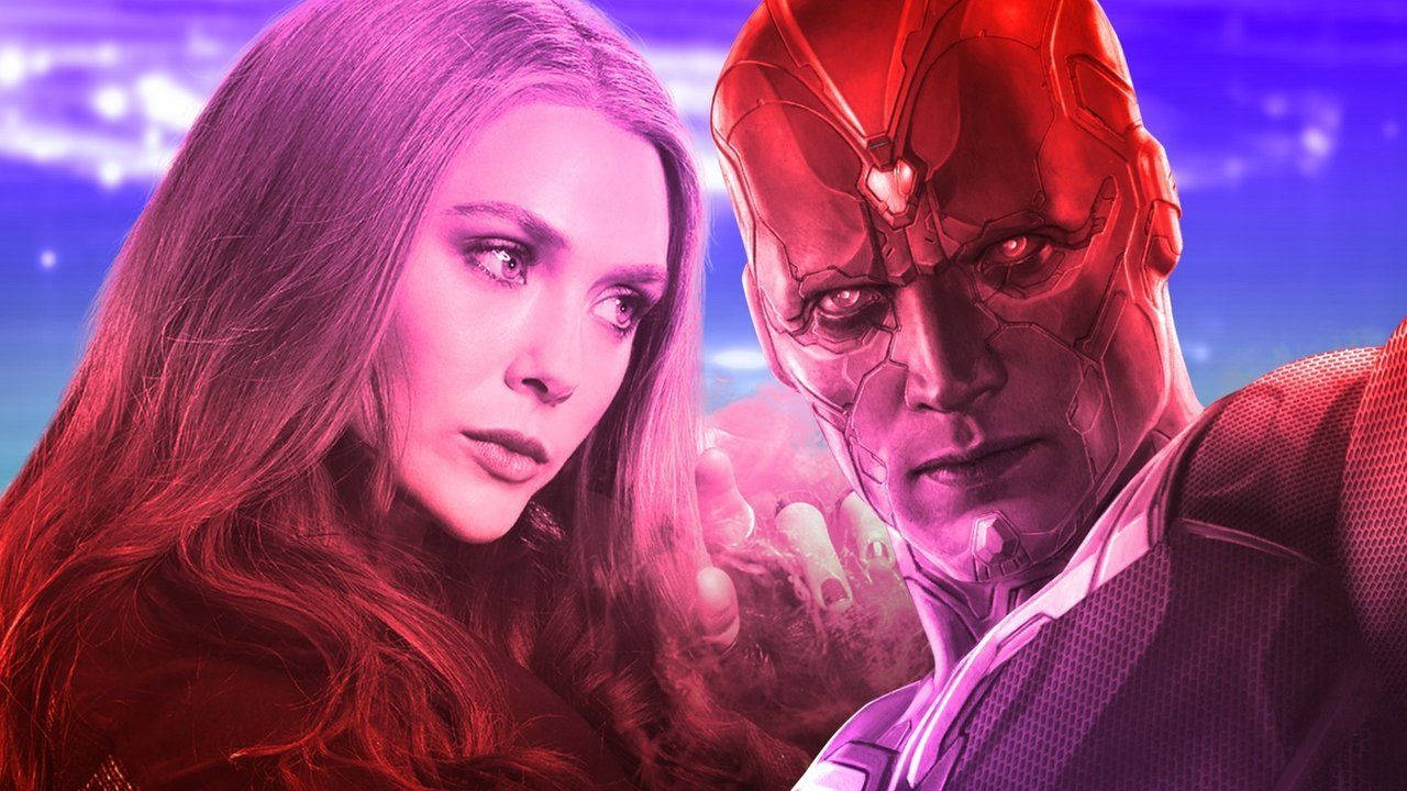 Wanda Maximoff 與 Vision 在紅色和紫色燈光下的緊張宇宙對峙。