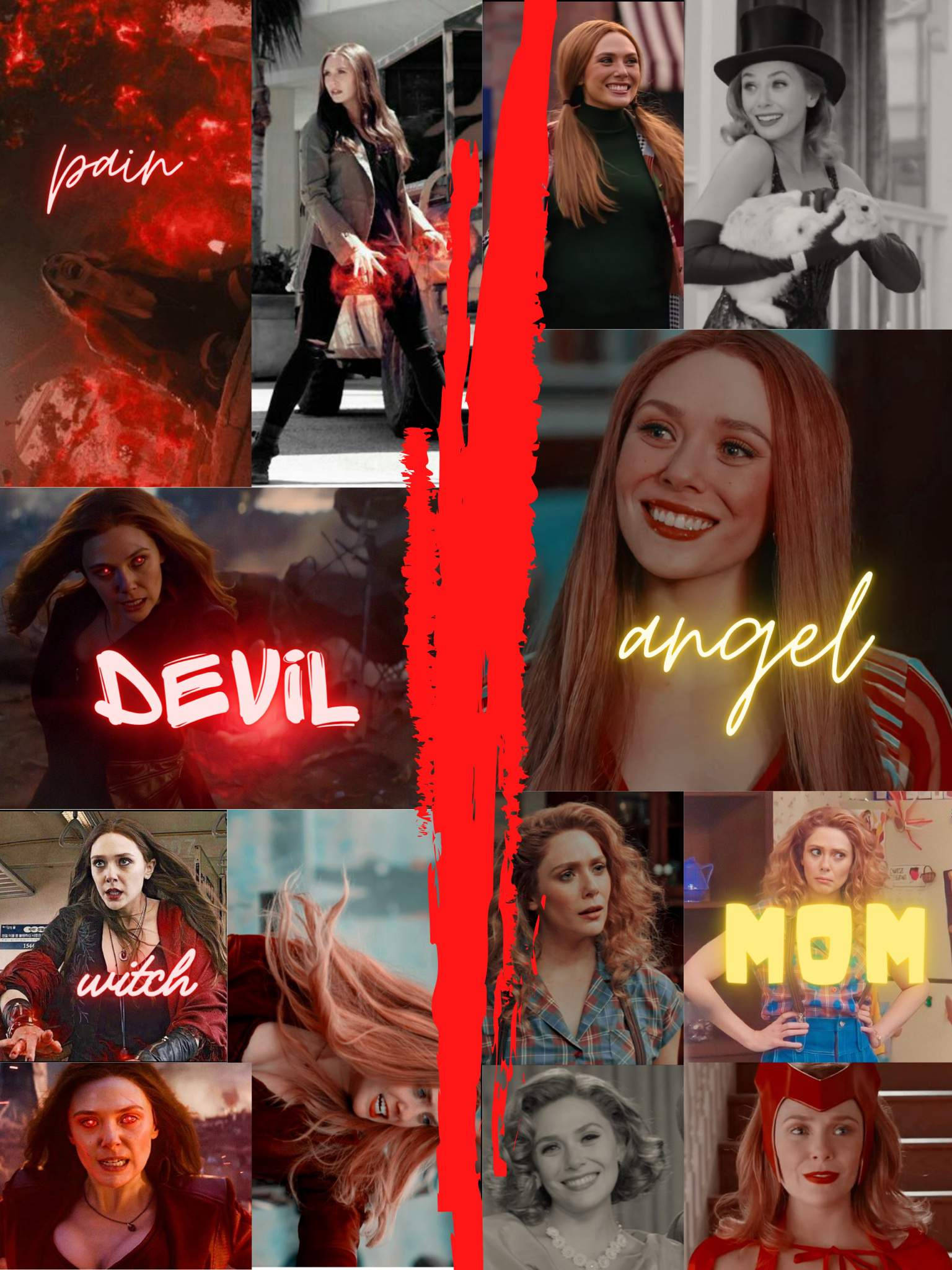 旺達·馬克希莫夫多面性格 壁紙 — 一幅充滿活力的 Wanda Maximoff 拼貼畫，展示她不同角色，由紅色裂縫和霓虹文字標籤分隔。