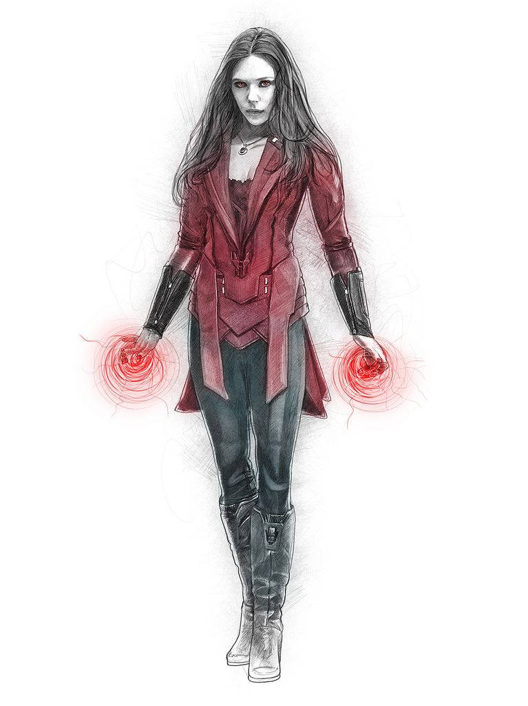 旺達·馬克希莫夫手繪素描 壁紙 — 一位身穿紅色外套和黑色裝備的女超級英雄，在純白色背景下從手中釋放出發光的紅色能量球。