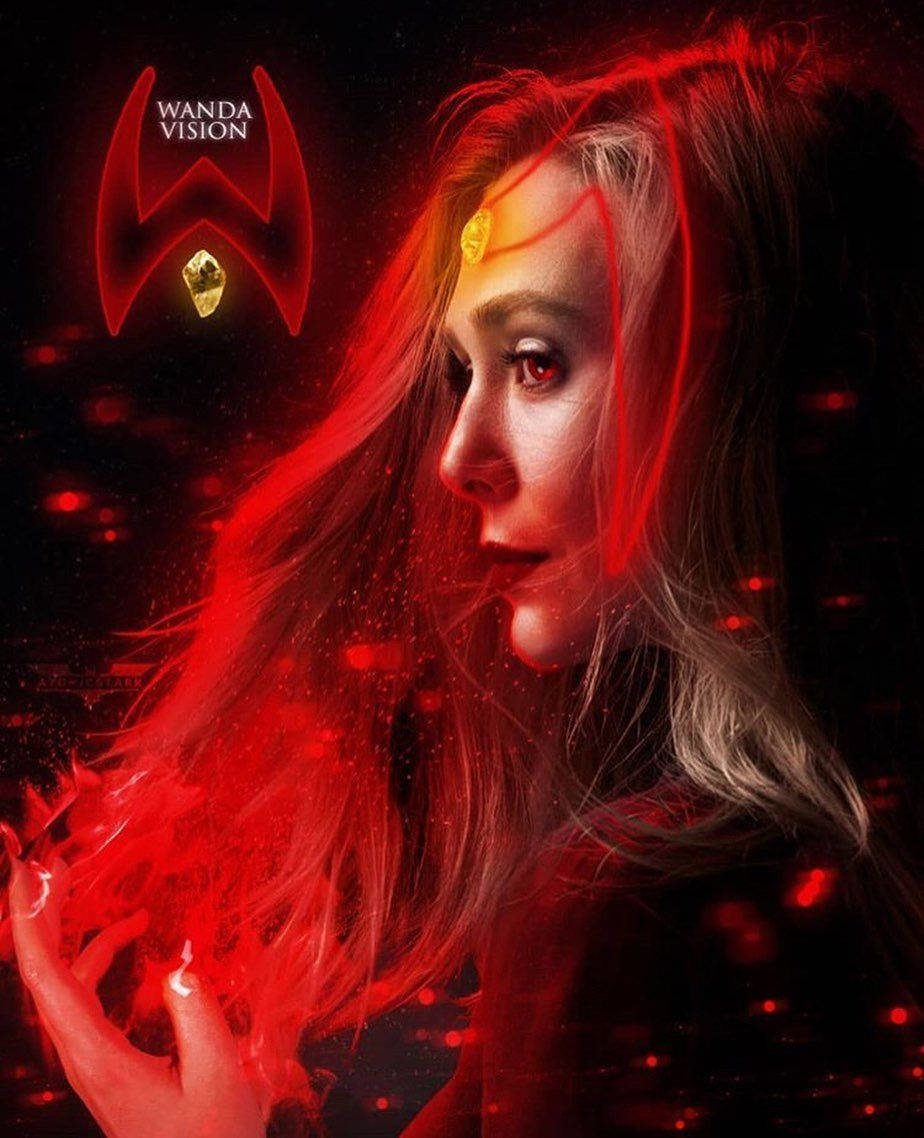 Wanda Vision角色在黑暗背景中帶有紅色發光能量和標誌