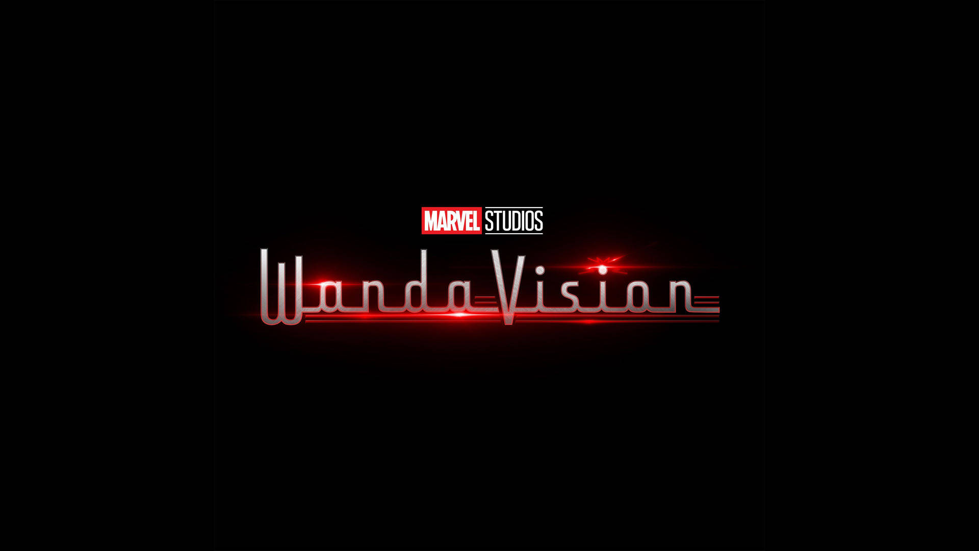 WandaVision 標題標誌帶有紅光，Marvel Studios標誌在黑色背景上