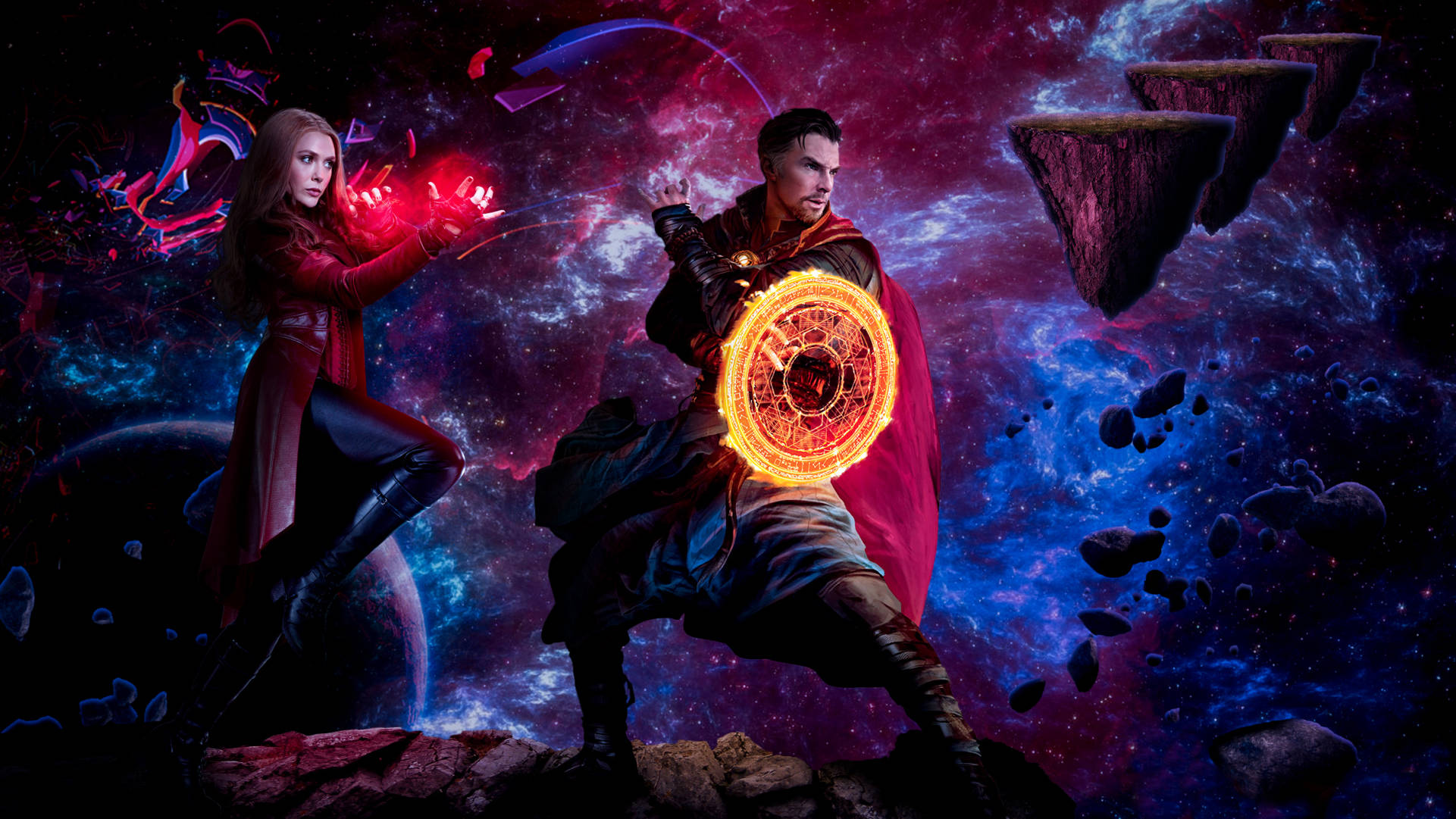 旺達與奇异博士多宇宙 壁紙 — Wanda 與奇異博士在一個有浮島和發光魔法能量的宇宙虛空中戰鬥。