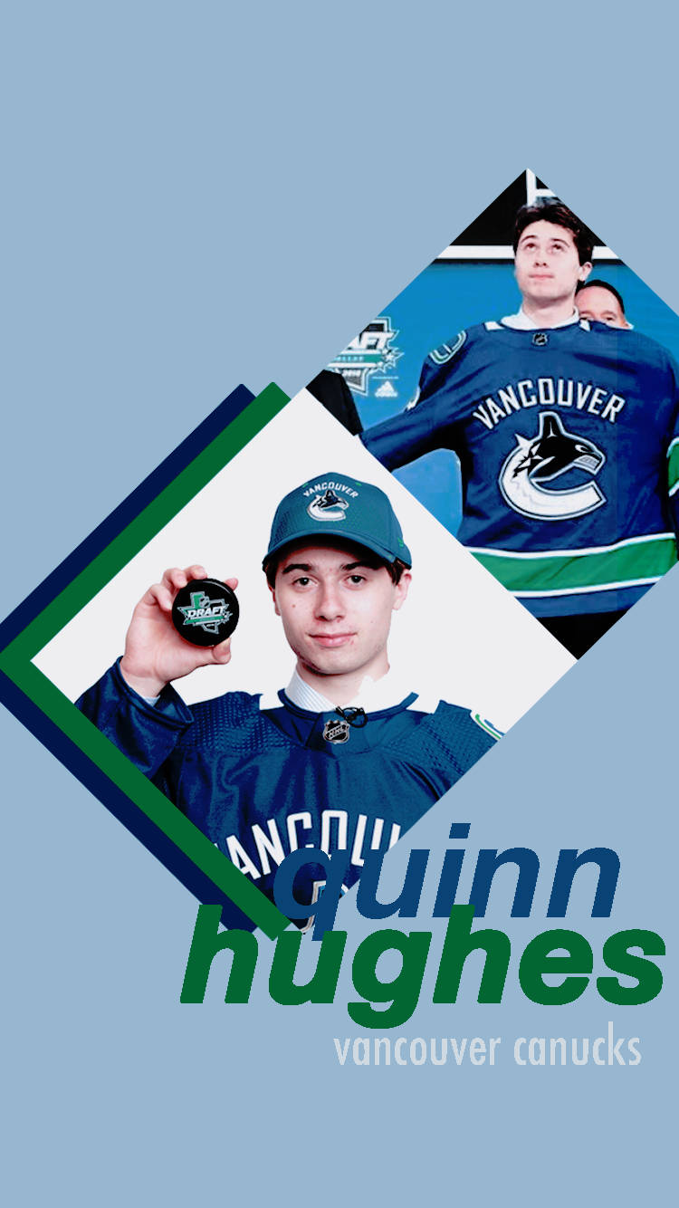 冰球運動員 Quinn Hughes 身穿溫哥華加人隊球衣，手持史丹利盃冰球。