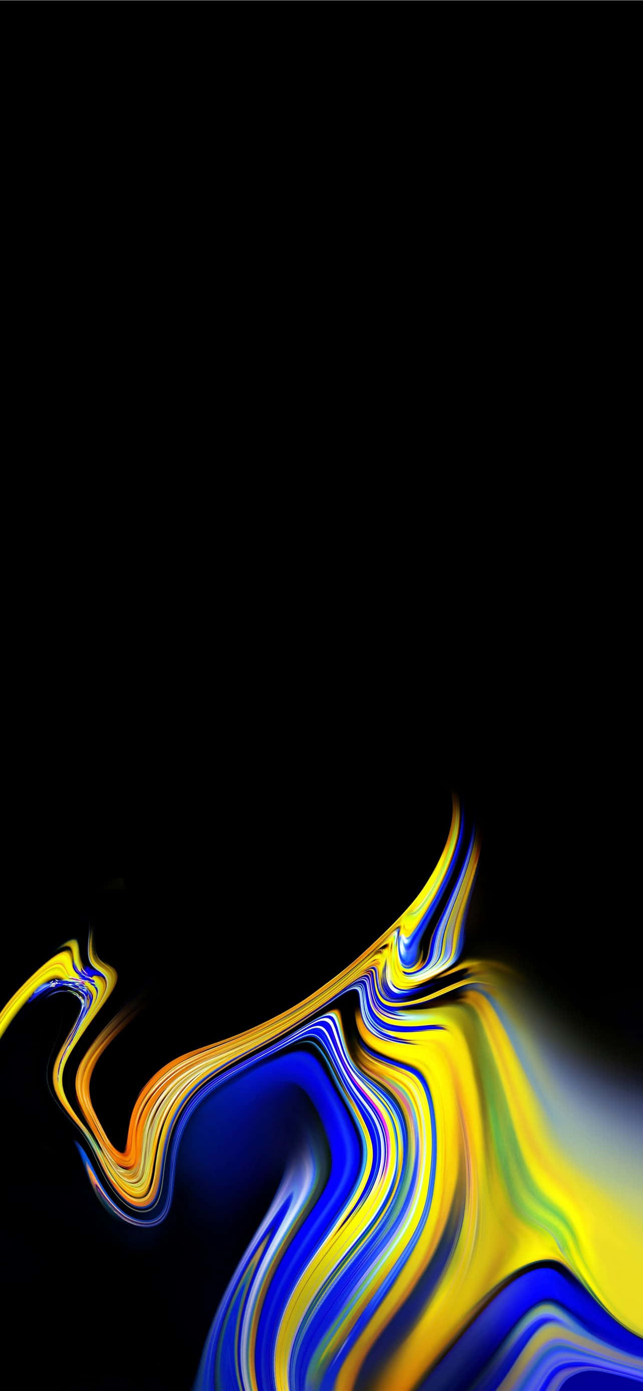 明亮、大膽且美麗 — Best Amoled 壁紙 — 鮮豔的藍色和黃色液體漩渦在純黑色背景上動態流動。