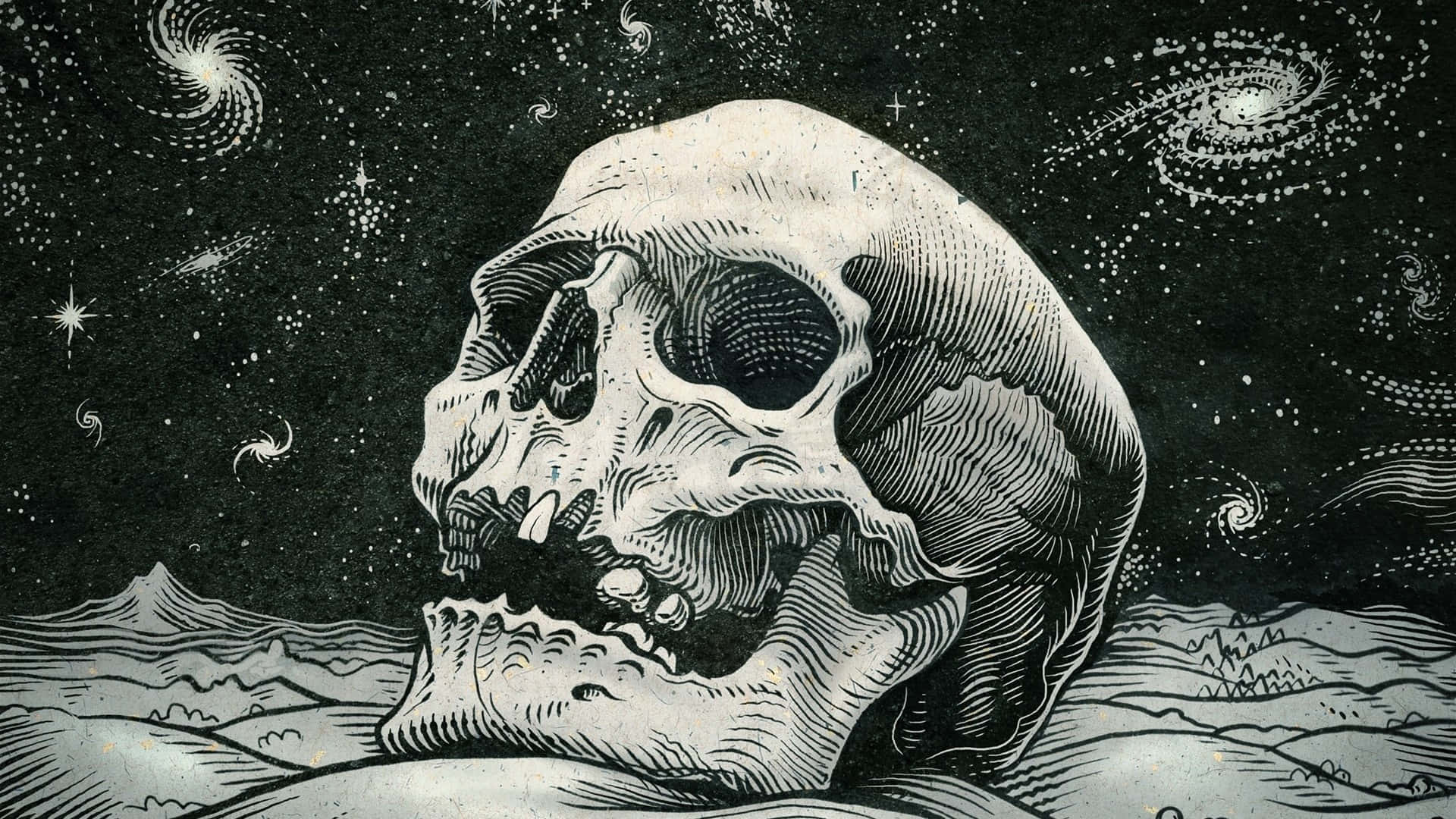 一個人類頭骨躺在岩石表面上，上方是充滿星系和星星的宇宙天空。