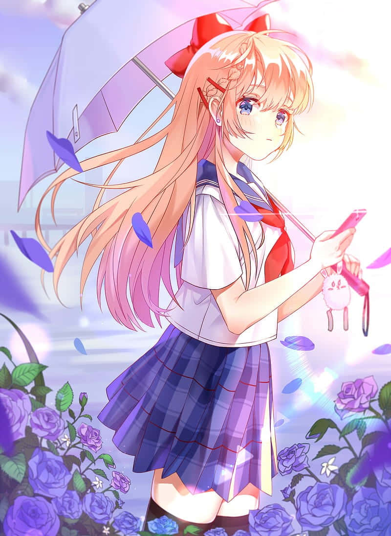 穿著校服的動漫女孩，在紫色玫瑰和飄落的花瓣中拿著雨傘和手機。