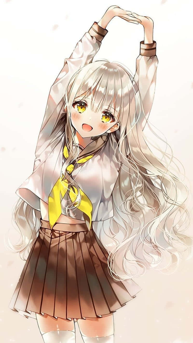 穿著校服的動漫女孩帶著愉快表情伸展身體。
