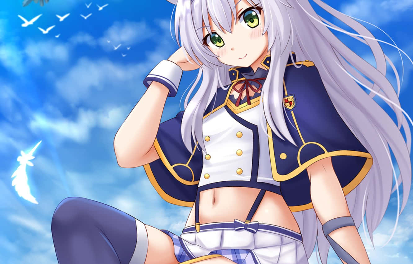 銀色頭髮和綠色眼睛的動漫女孩，穿著校服，在藍天下有鳥兒。