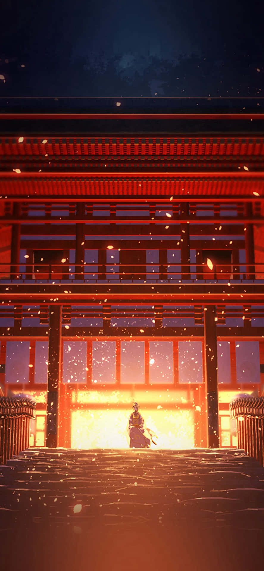 夜晚櫻花飄落下，發光神社前的武士剪影