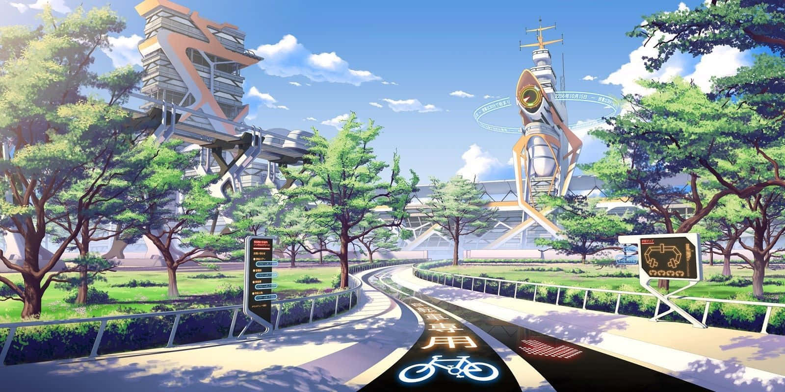 未來感動漫城市，發光的單車道和高聳的建築被樹木環繞。