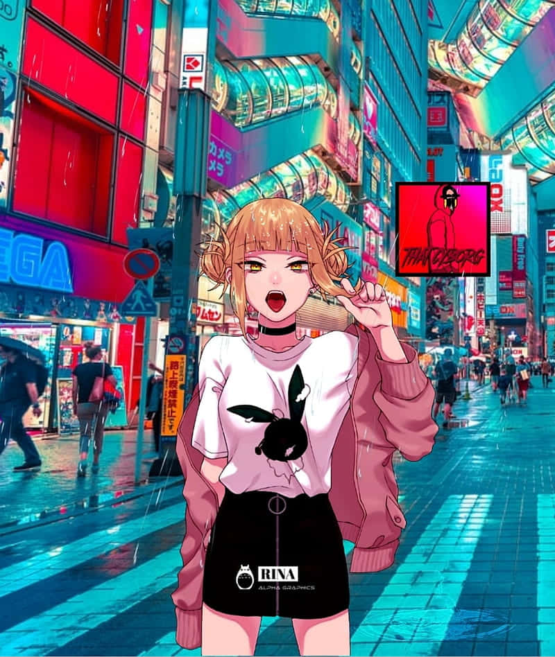 動漫女孩在雨中的霓虹東京街頭，有發光招牌和行人。