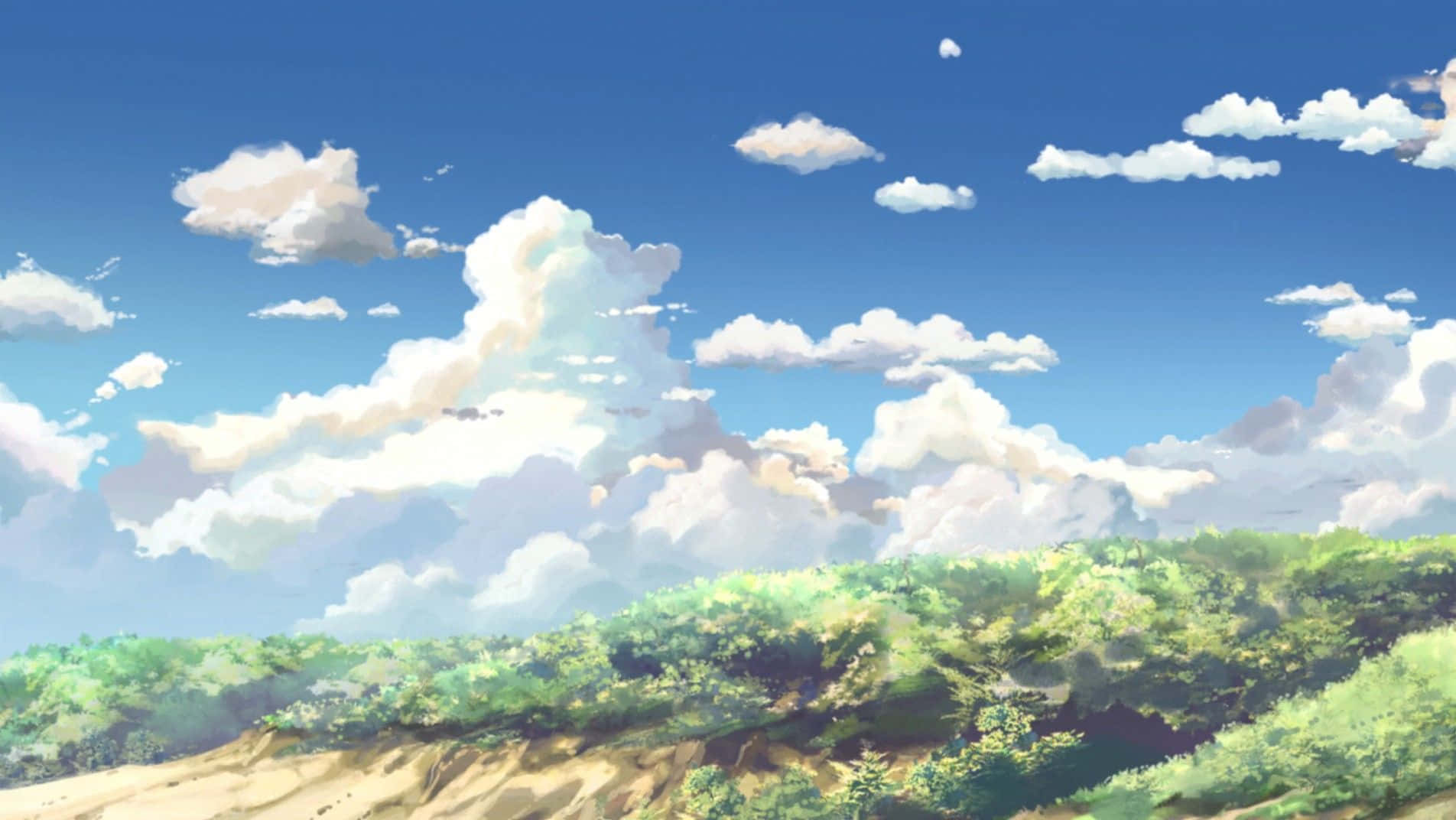 寧靜的動漫風格風景，有綠色森林和藍天白雲。