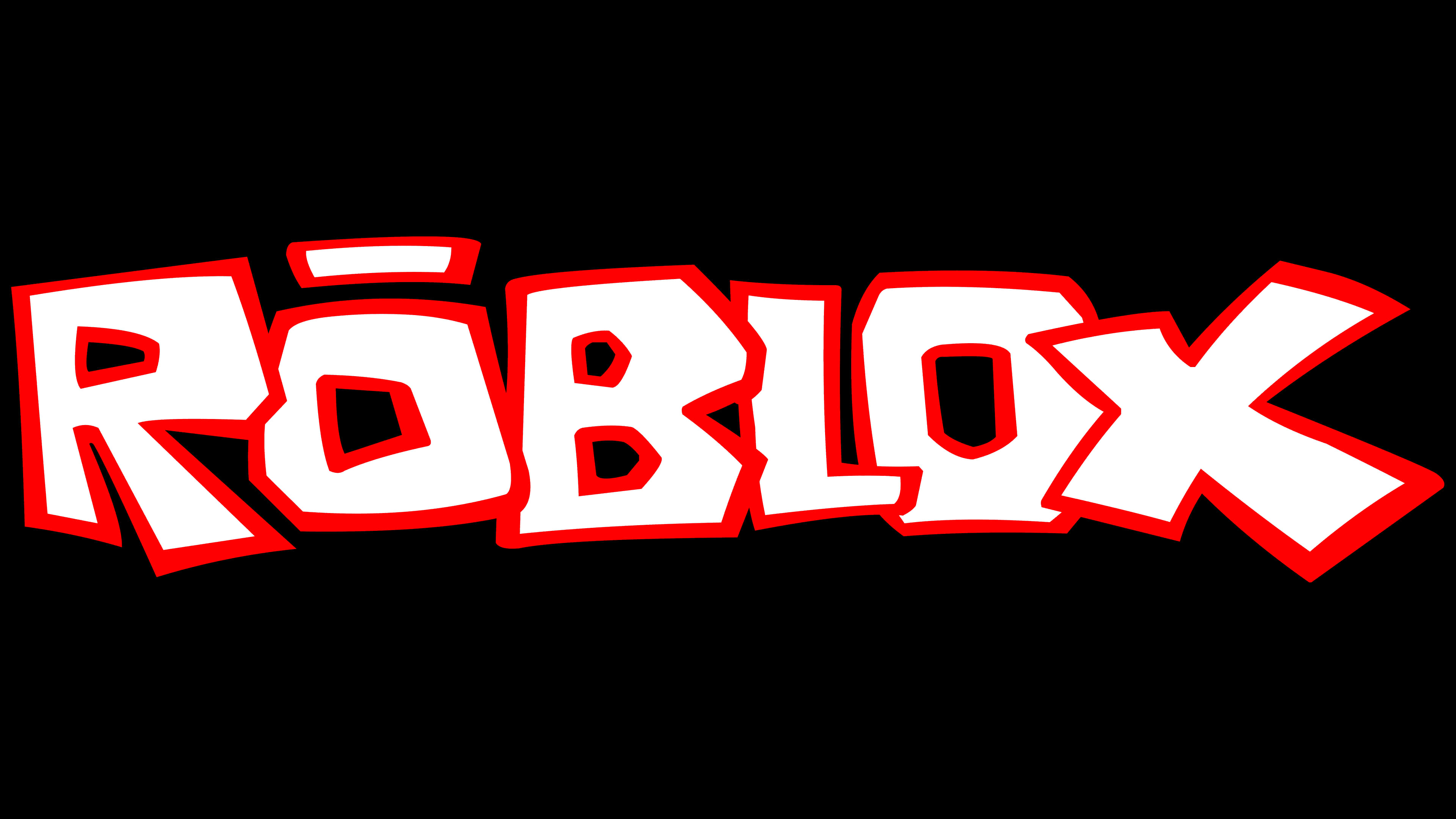 明亮多彩 Roblox 標誌 壁紙 — 大膽的白色 Roblox 標誌，帶有紅色輪廓，居中在純黑色背景上。