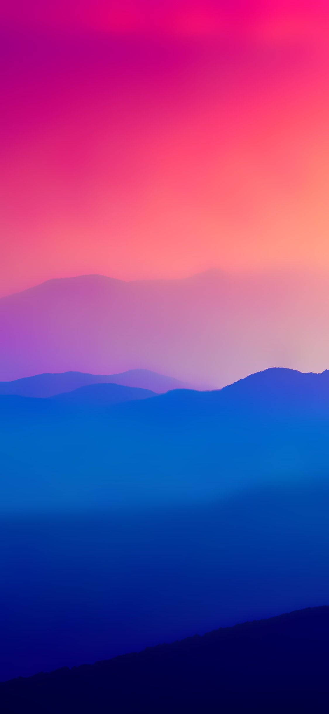 明亮多彩的 iPhone 山景天空壁紙 壁紙 — 暮色中層疊山巒剪影上充滿活力的粉紅與藍色漸變天空。
