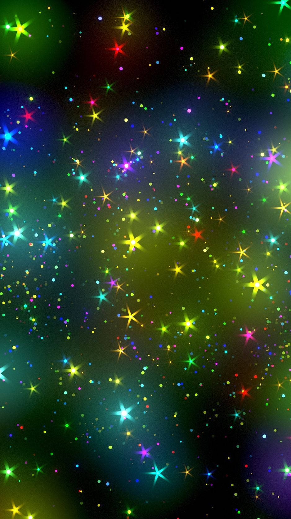 明亮多彩的 iPhone 數位星星壁紙 壁紙 — 一個充滿多彩發光星星和閃爍的鮮豔宇宙場景，背景為深色漸變。