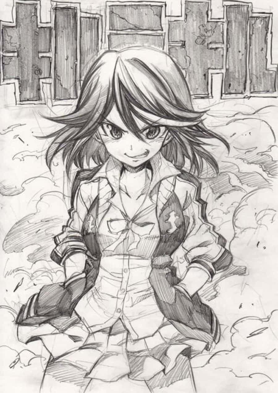 明亮多彩的動漫插畫 壁紙 — 一個決心堅定的動漫女孩，頭髮被風吹起，坐在瓦礫中，以單色素描風格呈現，她的眼神兇猛而自信。