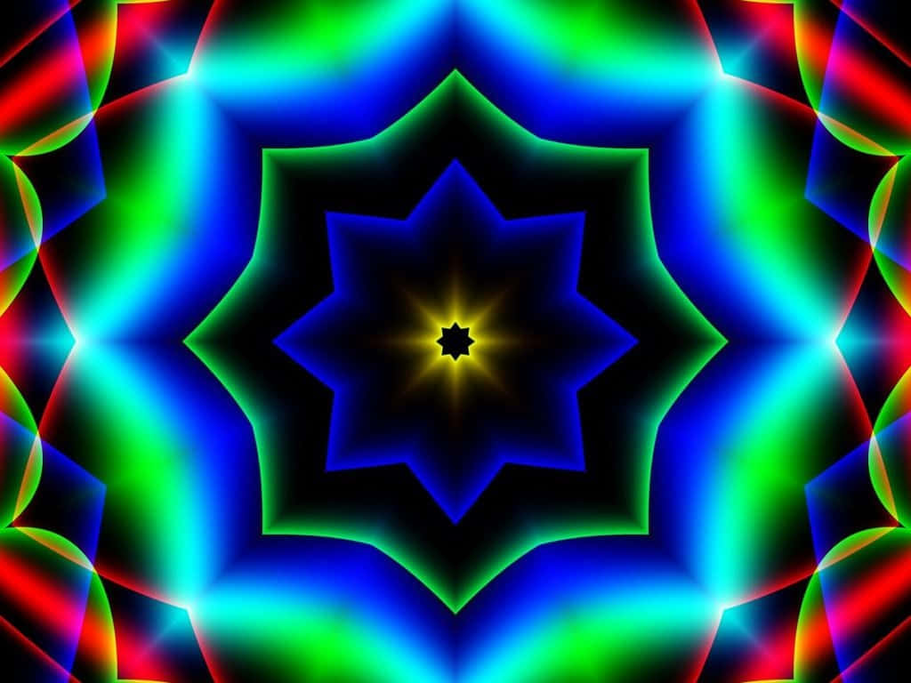 充滿活力的抽象萬花筒，帶有發光的星爆中心和霓虹色。