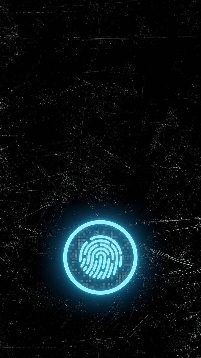 發光藍色指紋圖標在刮痕黑色表面上