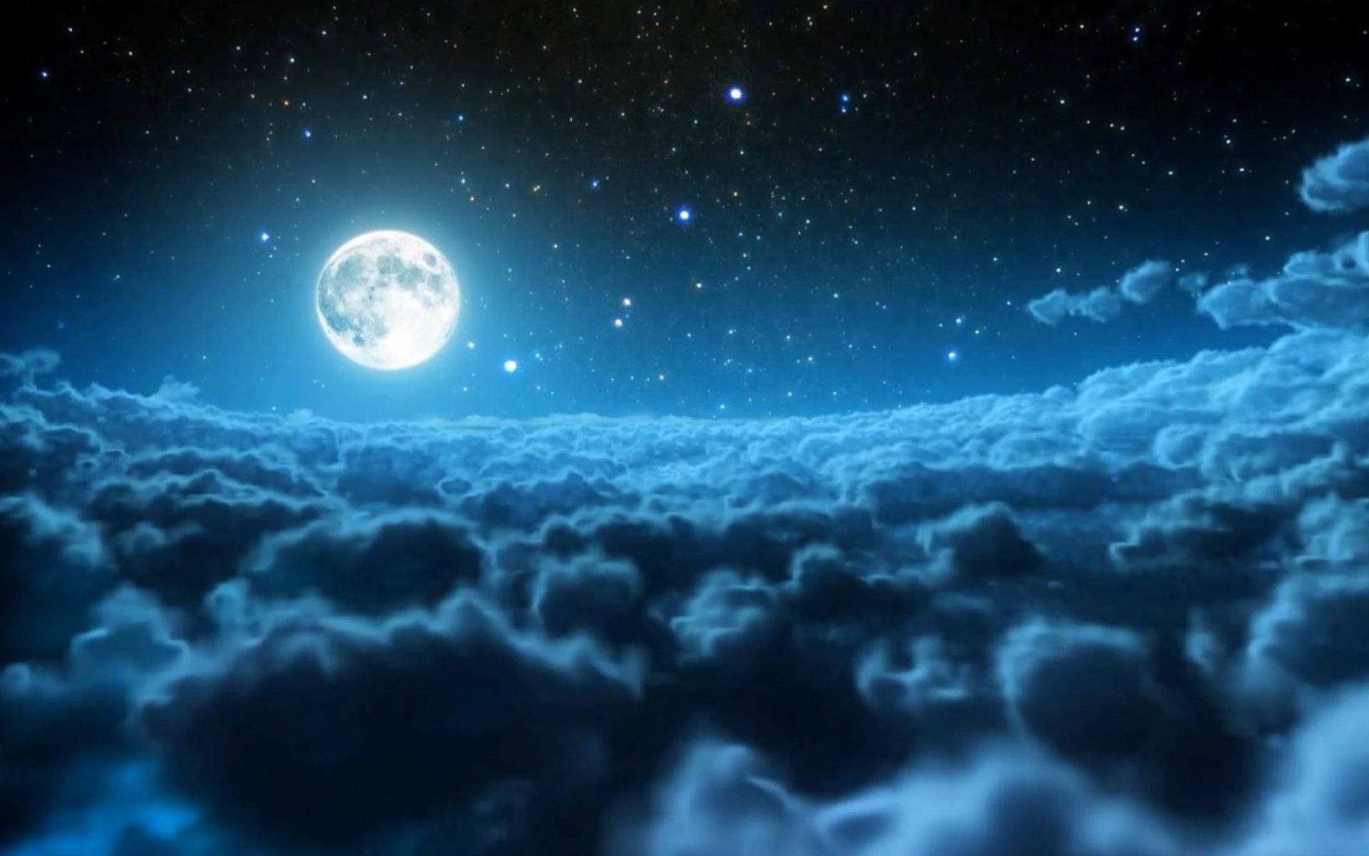 滿月在廣闊的雲海上空於繁星點點的夜空下發光。