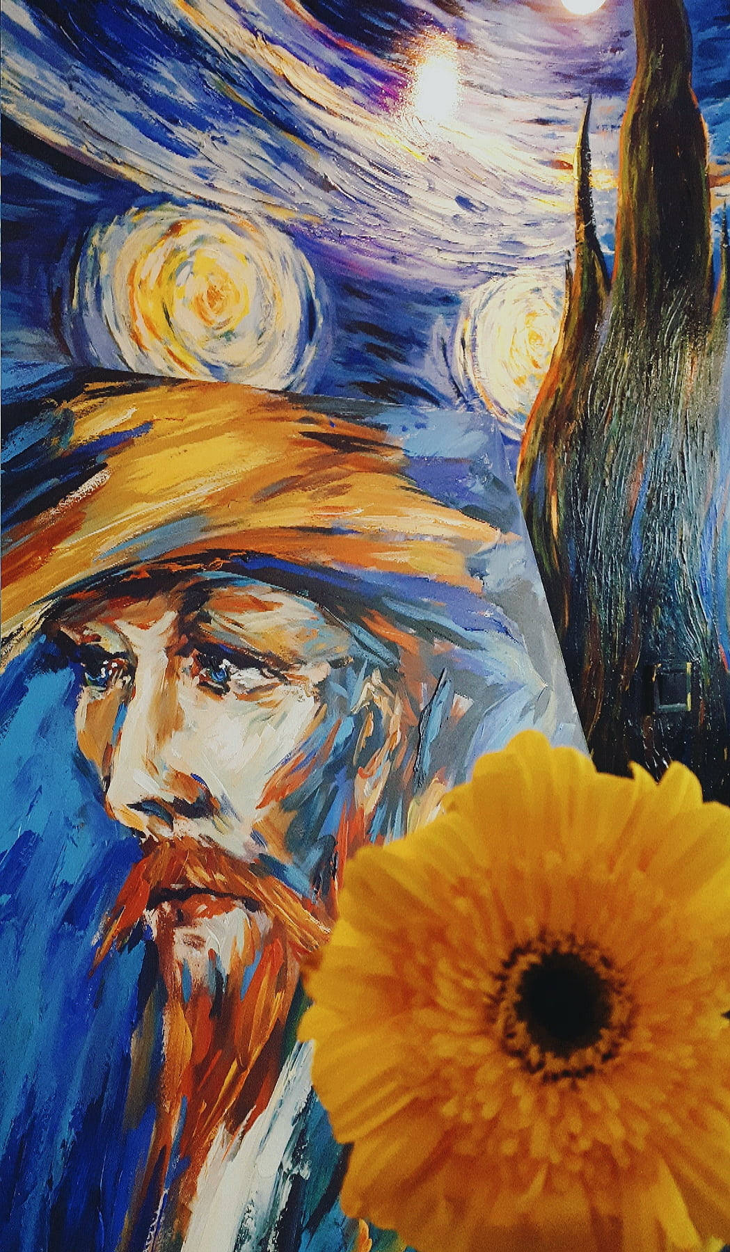 梵高肖像，帶有旋轉的星星和一朵黃色花朵。