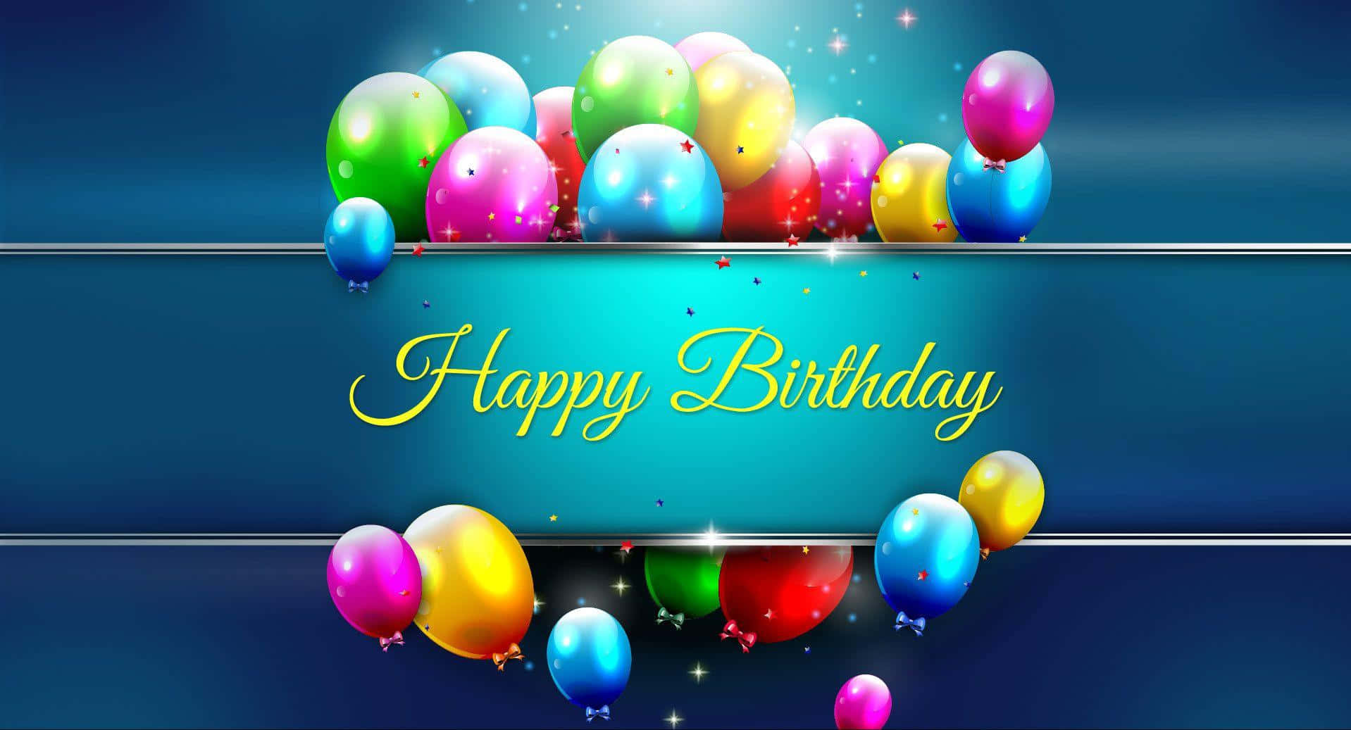 藍色背景上，色彩繽紛的氣球和閃爍星星圍繞的Happy Birthday橫幅。