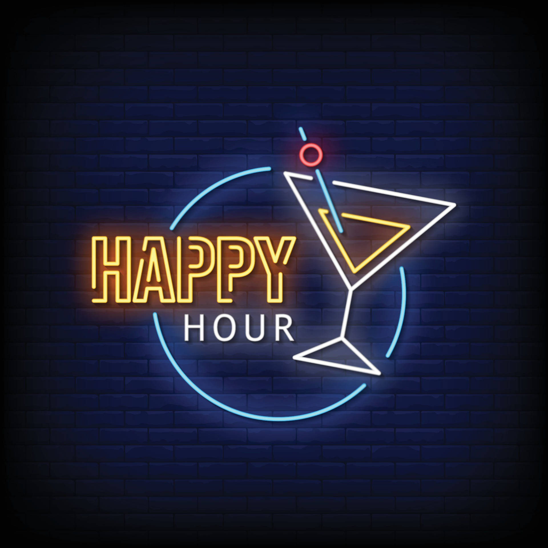 磚牆上帶有馬提尼酒杯的霓虹 happy hour 標誌