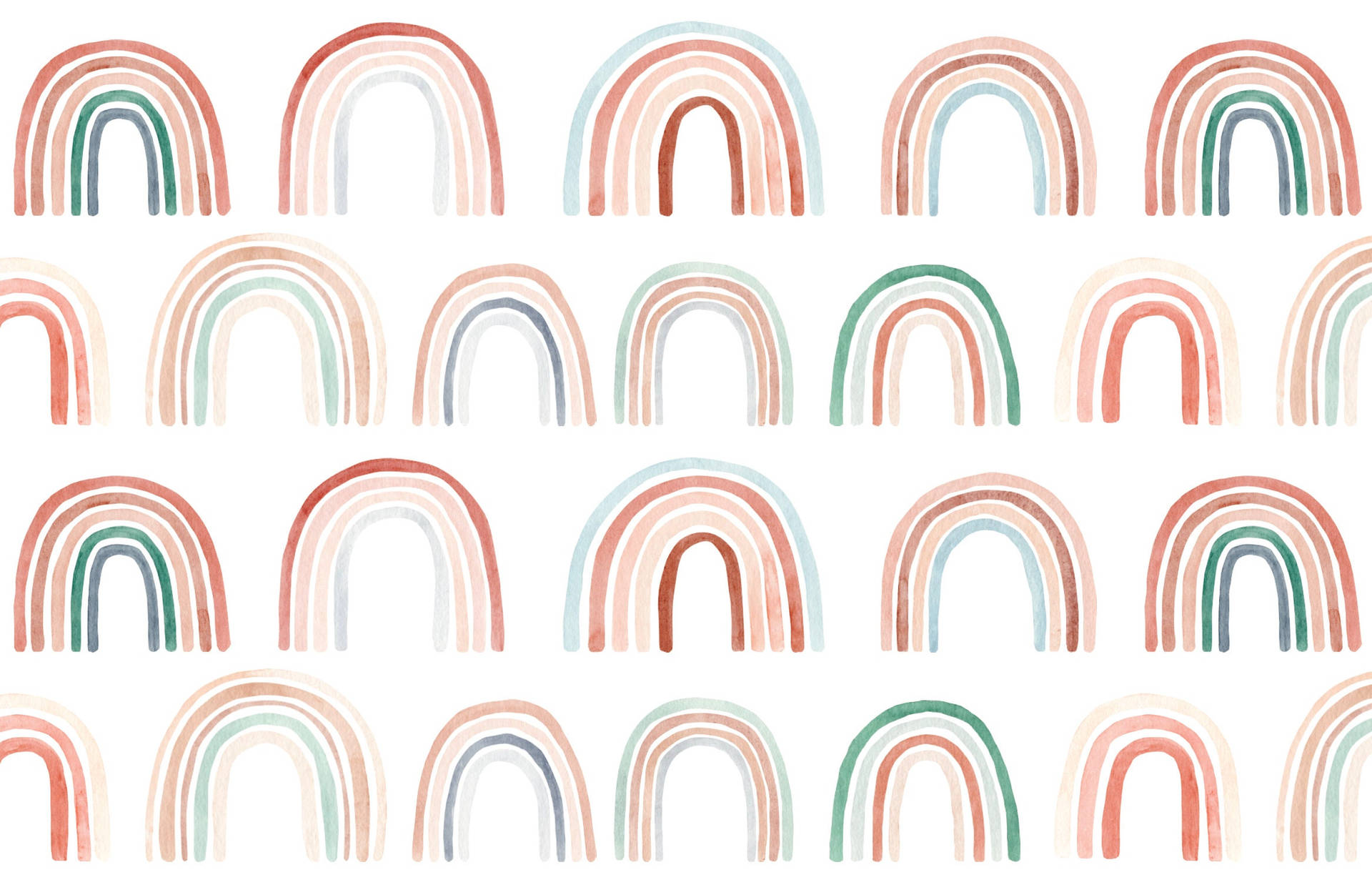 在白色背景上以柔和蜜桃、薄荷和藍綠色重複的水彩粉彩彩虹拱形。