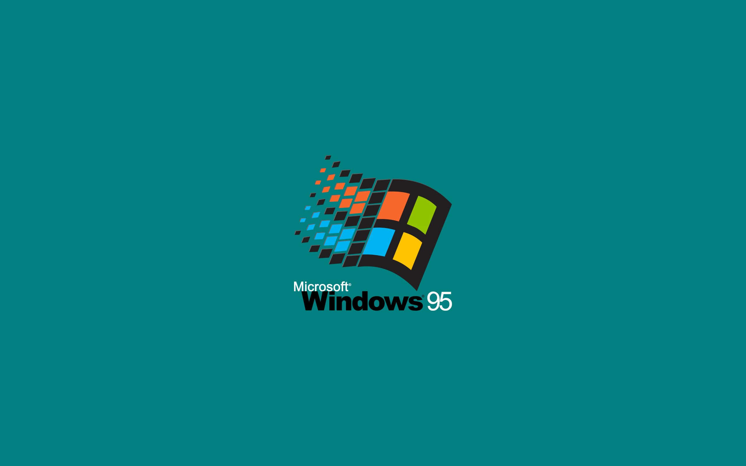 明亮活力的Windows預設背景 壁紙 — 經典 Windows 95 標誌，帶有色彩繽紛的像素化視窗，背景為青綠色。