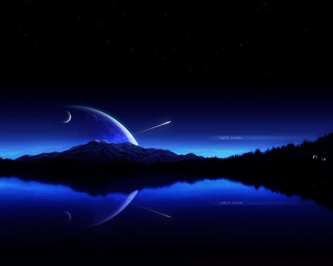 黑暗的山脈和一顆發光的行星倒映在平靜的湖面上，星空下。