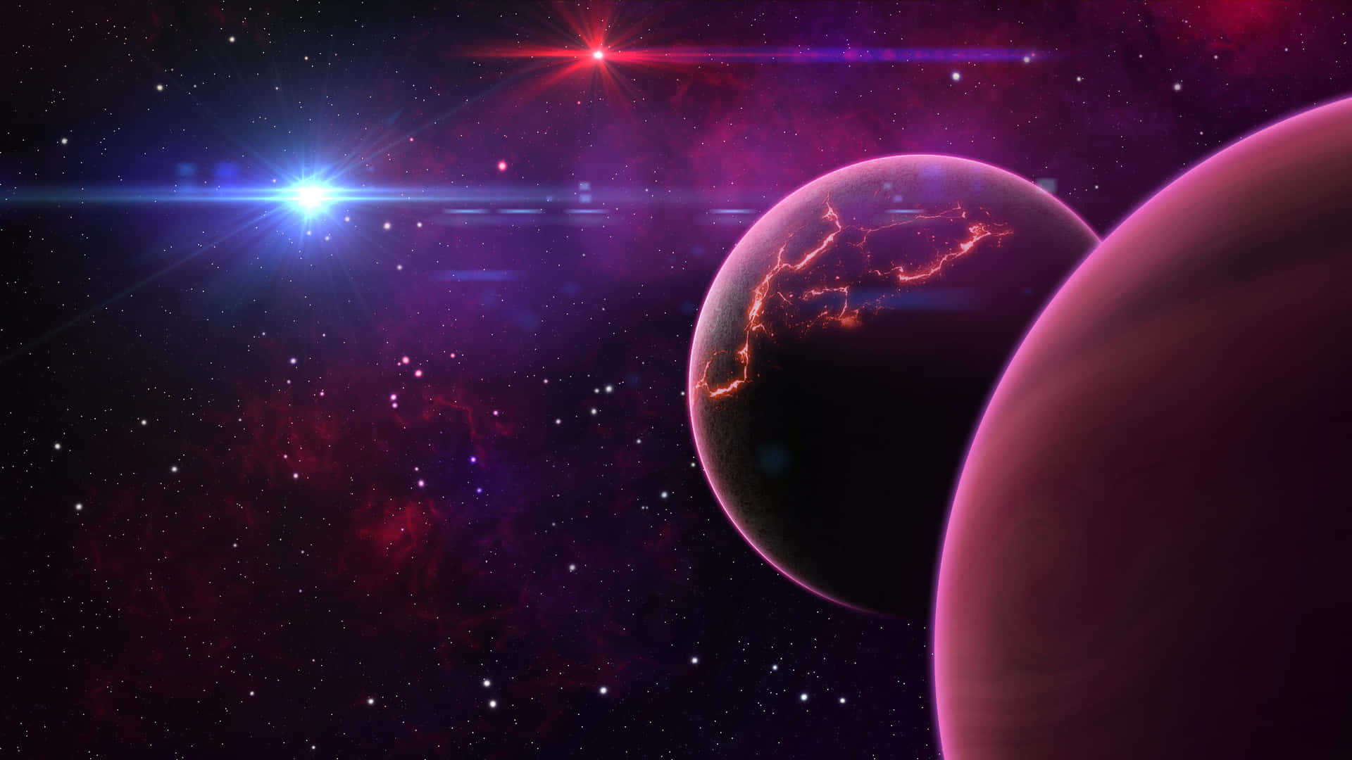 在色彩繽紛的星空宇宙星雲中的兩顆發光行星。
