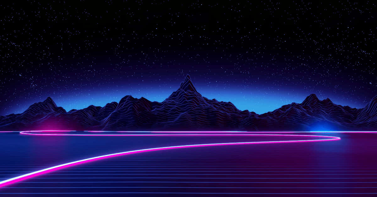 螢光發光線條在黑暗山脈和網格水上方的星空夜空中彎曲。