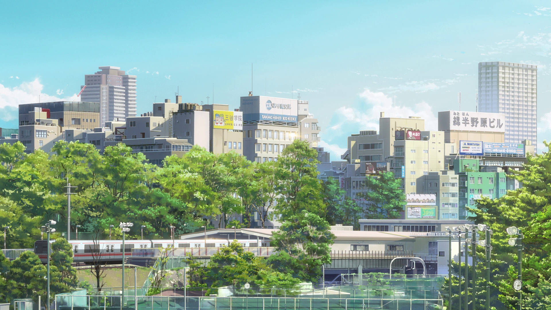 動畫風格的城市，藍天下有綠樹和建築。 — 你的名字 壁紙
