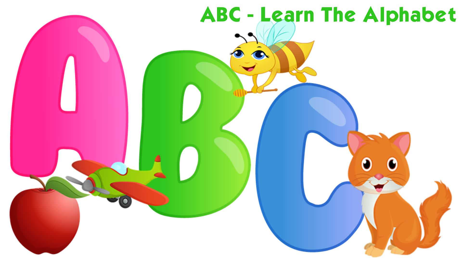 字母 桌布 壁紙 — 明亮的卡通字母ABC，B上有蜜蜂，C上有貓，附近有蘋果和飛機。