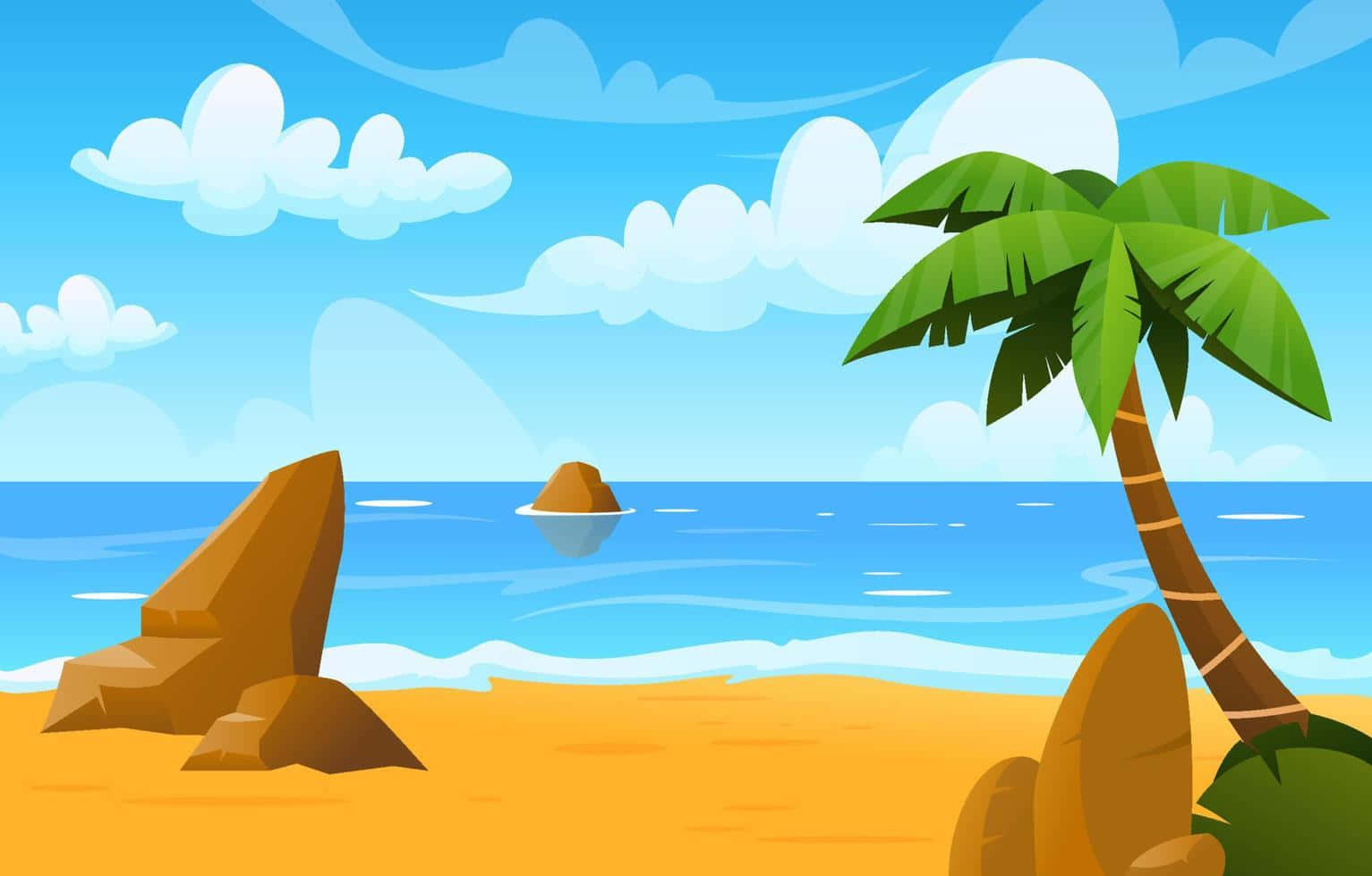 Beautiful Beach 桌布 壁紙 — 明亮的卡通海灘場景，有傾斜的棕櫚樹、沙灘和藍綠色海洋，在藍天白雲下。