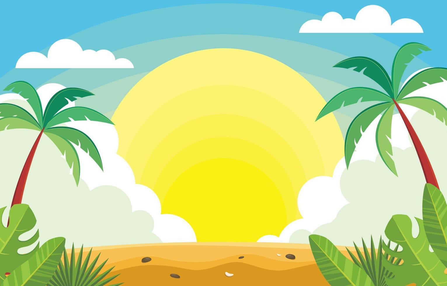 夏季 桌布 壁紙 — 明亮的卡通風格熱帶海灘場景，棕櫚樹環繞著一個大黃色的太陽，藍天白雲。