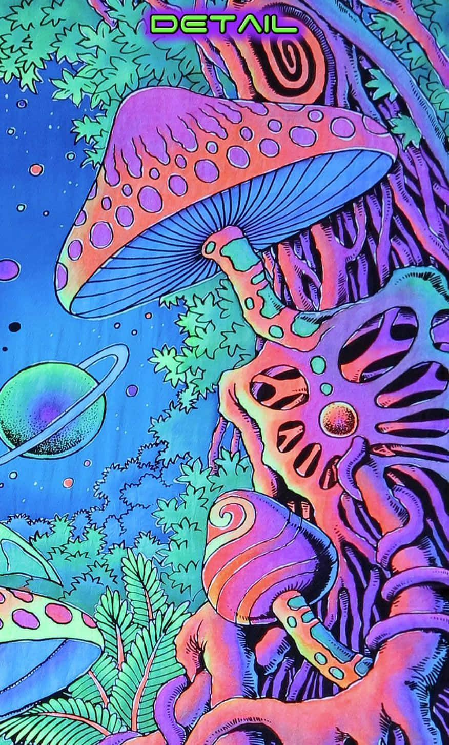 明亮的數位迷幻蘑菇之旅 壁紙 — 在帶有環狀行星的宇宙天空下，發光蘑菇和外星植物的鮮豔迷幻插圖。