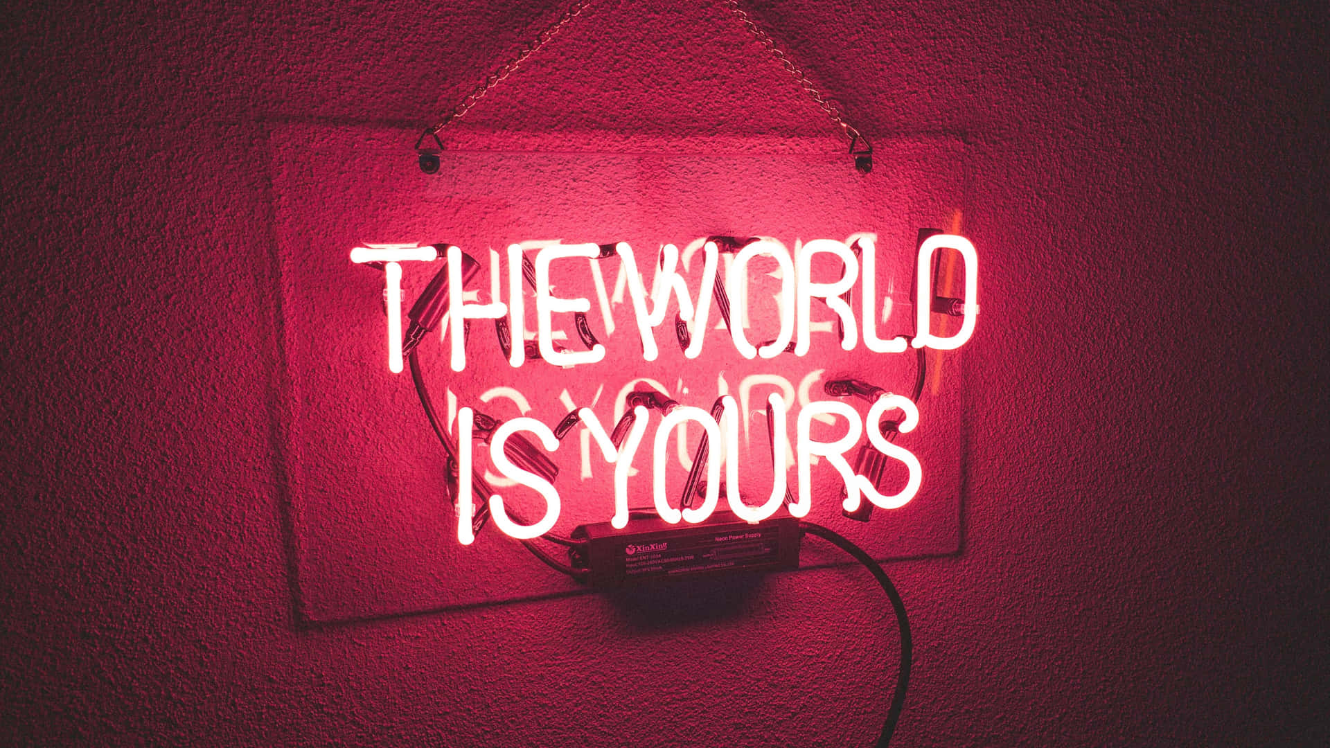 霓虹燈牌寫著「The World Is Yours」在牆上發出紅光。