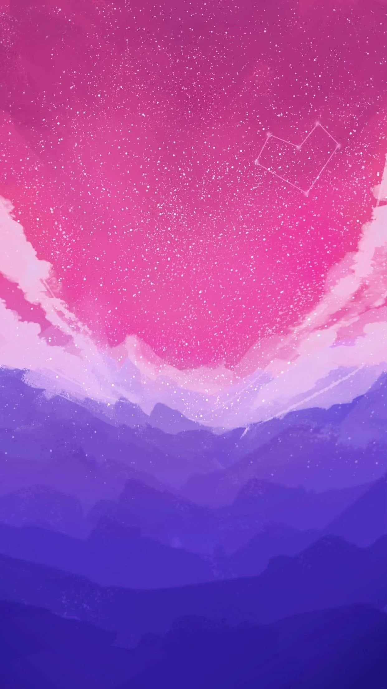 明亮的美學色彩 壁紙 — 一個夢幻般的粉紅色和紫色天空，佈滿星星和星座，籠罩在層疊的山脈輪廓之上。