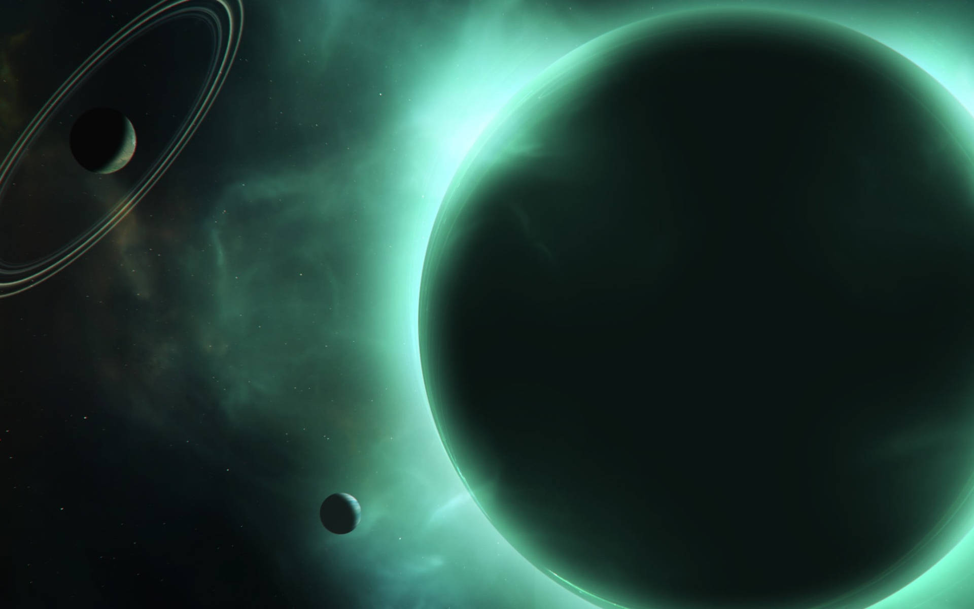 明亮綠色宇宙中的黑色行星 壁紙 — 一個宇宙場景，展示了一顆帶有光環和衛星的發光綠色行星，背景是繁星點點的星雲。
