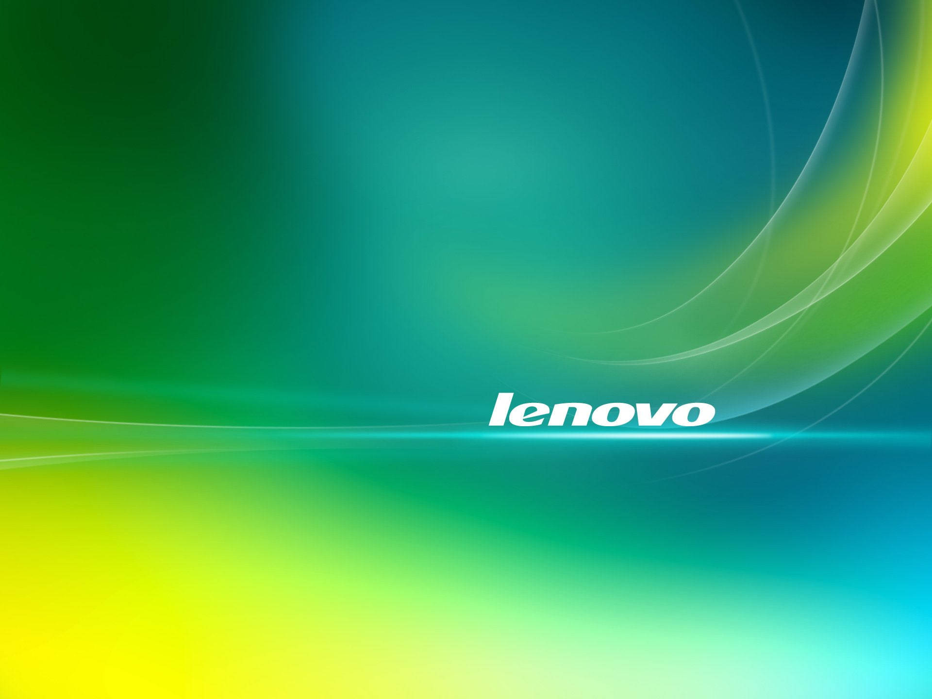 充滿活力的綠色、藍色和黃色漸變，帶有 Lenovo 標誌和流動的白色線條。