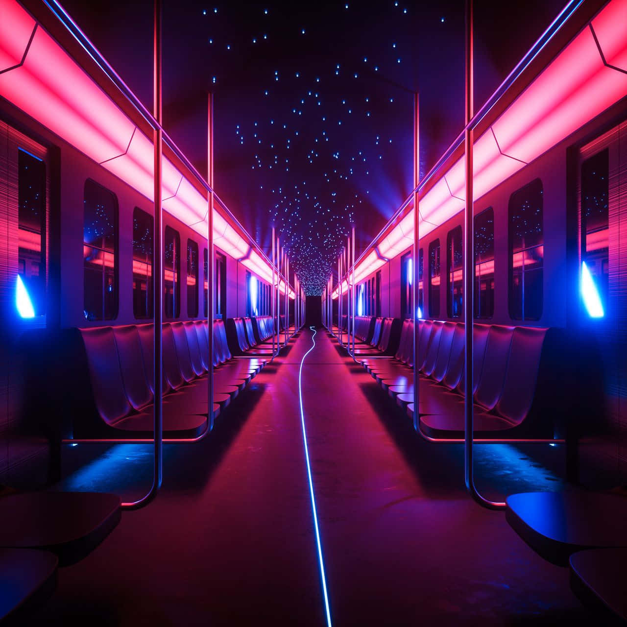 空無一人的未來感地鐵，配有霓虹燈和星空天花板