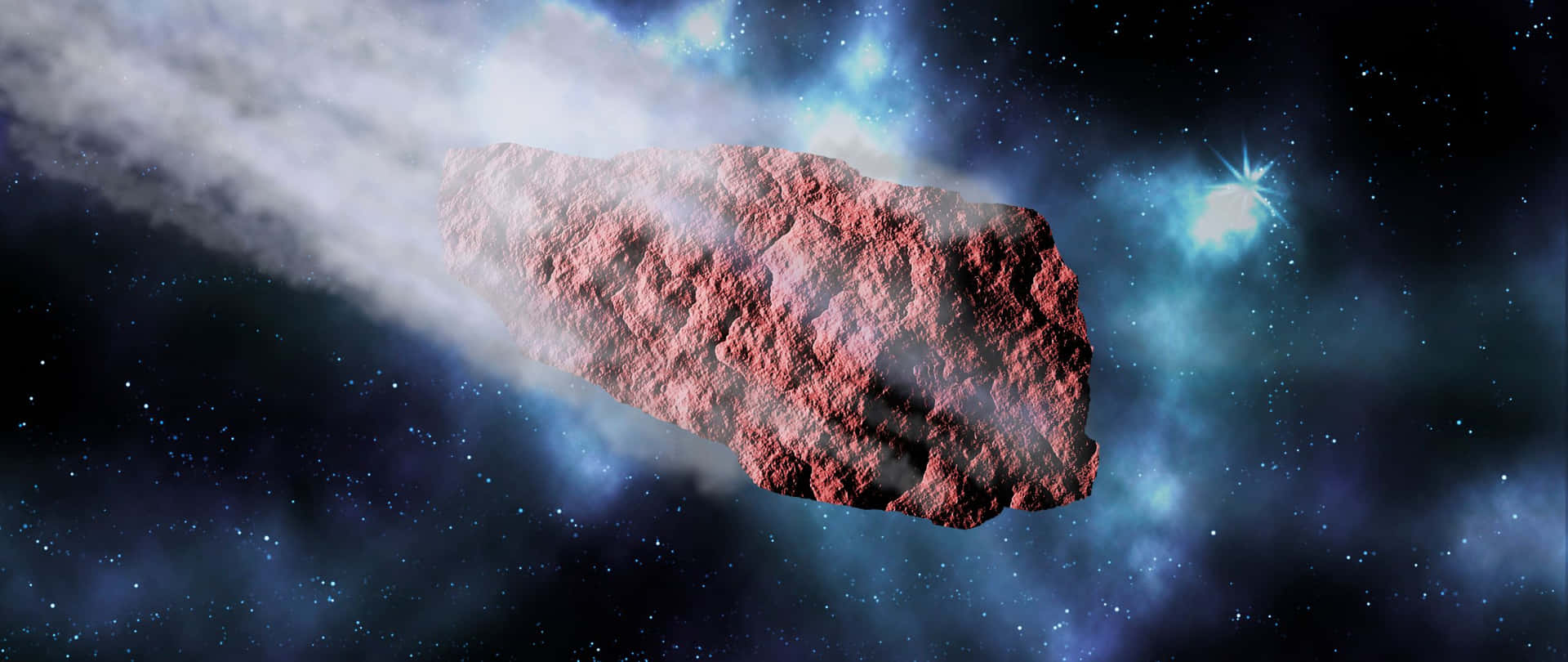 一顆岩石小行星在深空中漂浮，附近有發光的星雲和明亮的恆星。