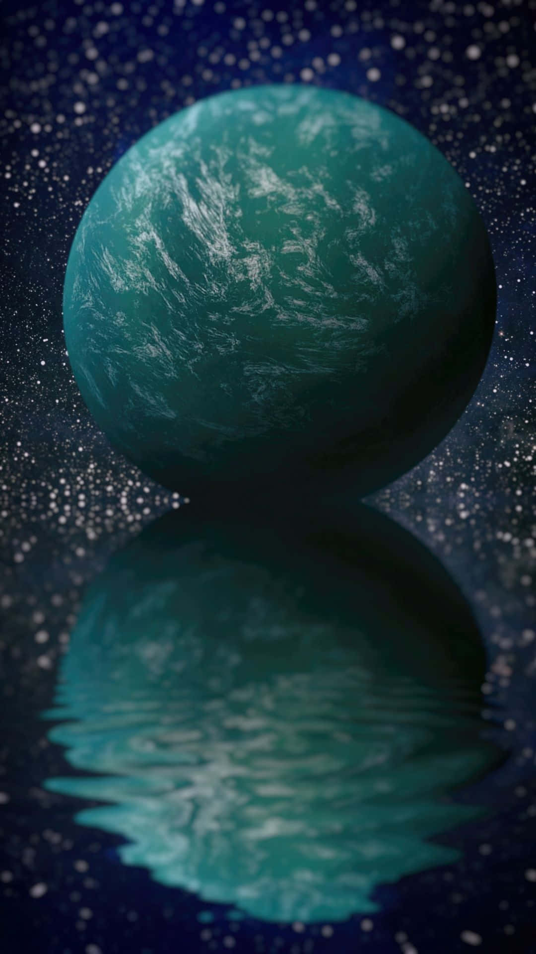 青色外星行星在星空背景下倒映於宇宙水中。