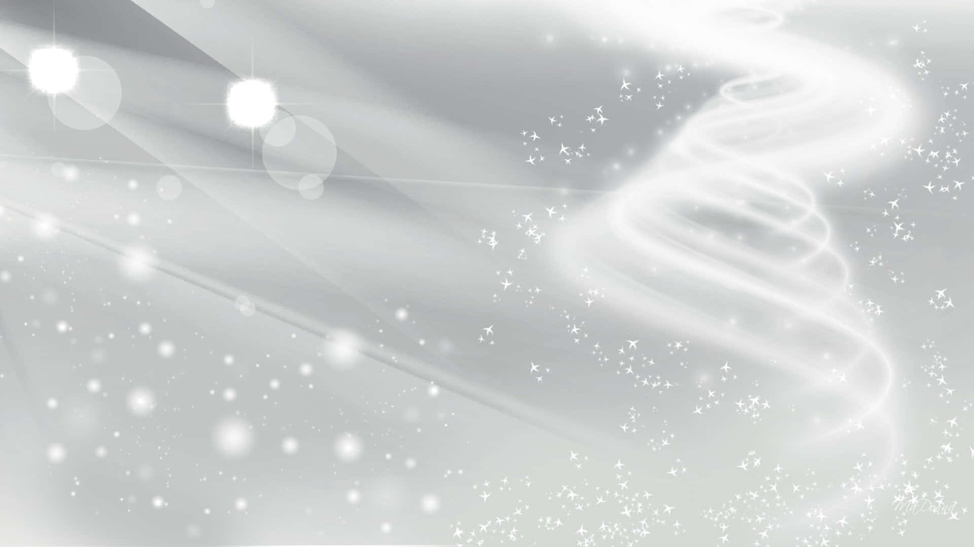 銀色抽象背景，帶有發光的漩渦和閃爍的粒子。