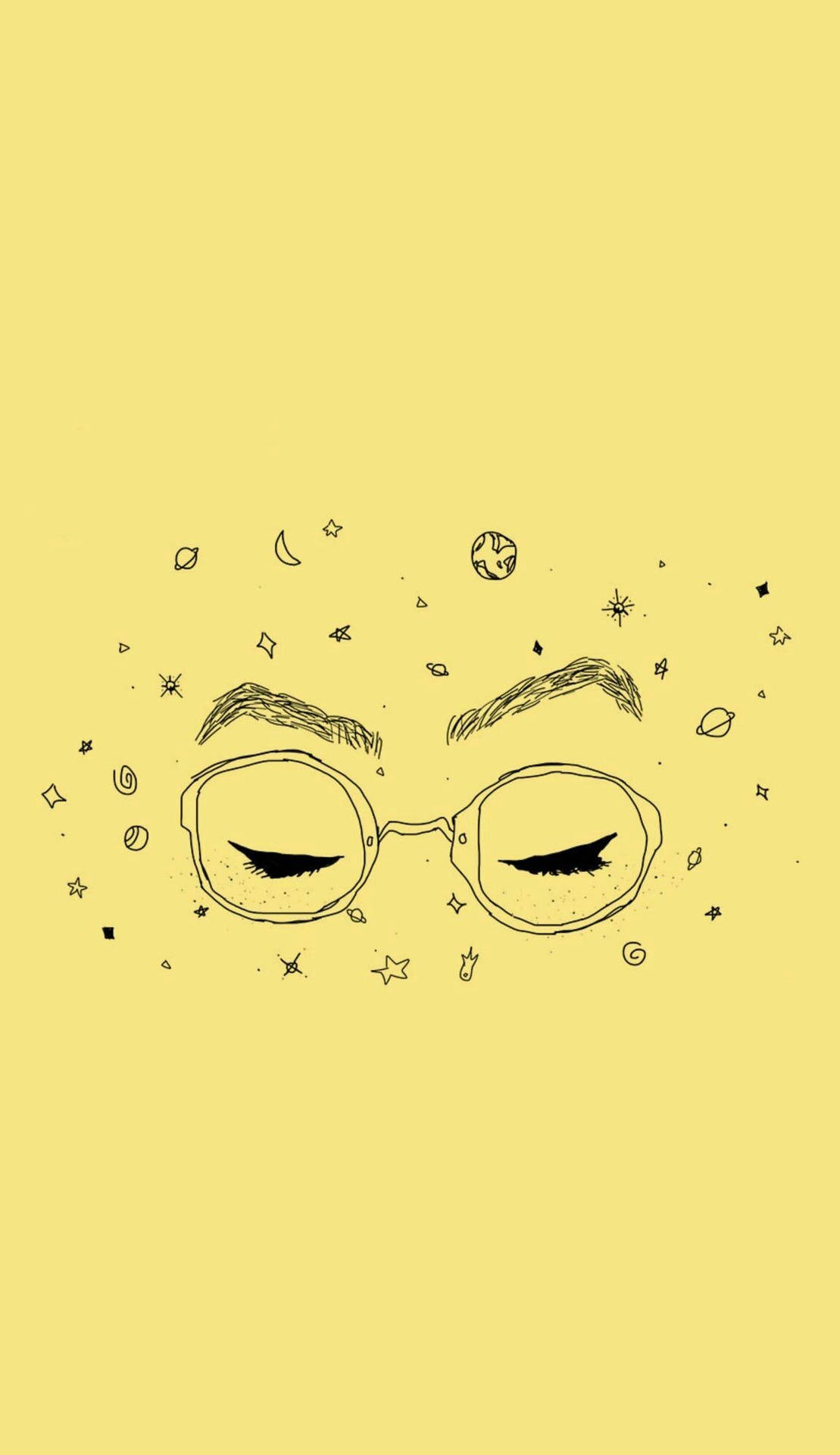 戴眼鏡的閉眼，周圍環繞著星星和行星，背景為黃色。