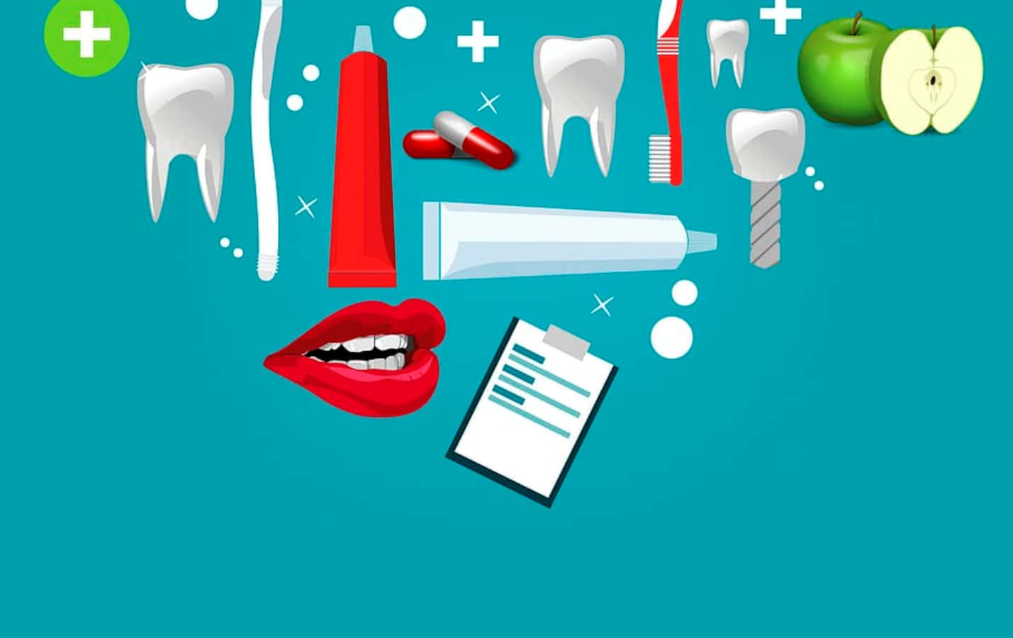 Tooth 桌布 壁紙 — 明亮青綠色背景，漂浮的牙科工具、蘋果和紅唇，採用平面向量風格。