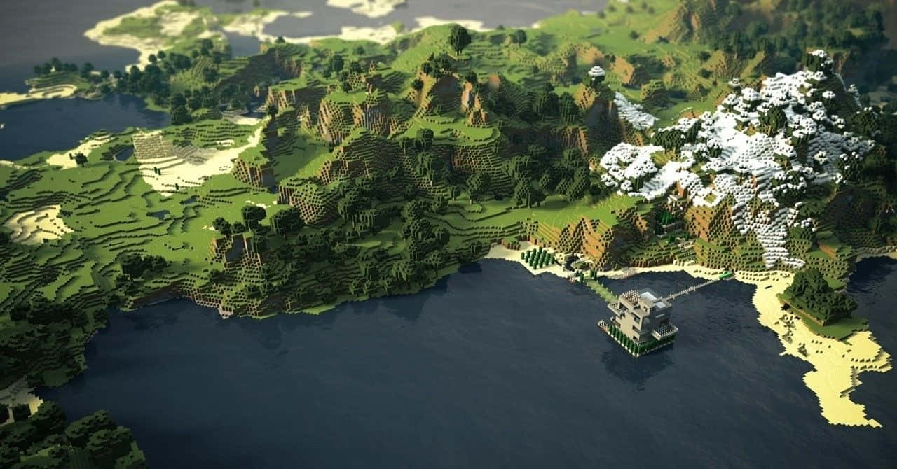 明亮黃色夢境 壁紙 — 一個方塊風格的Minecraft島嶼，有綠色山丘、積雪山頂和一座漂浮在黑暗水面上方的豪宅。